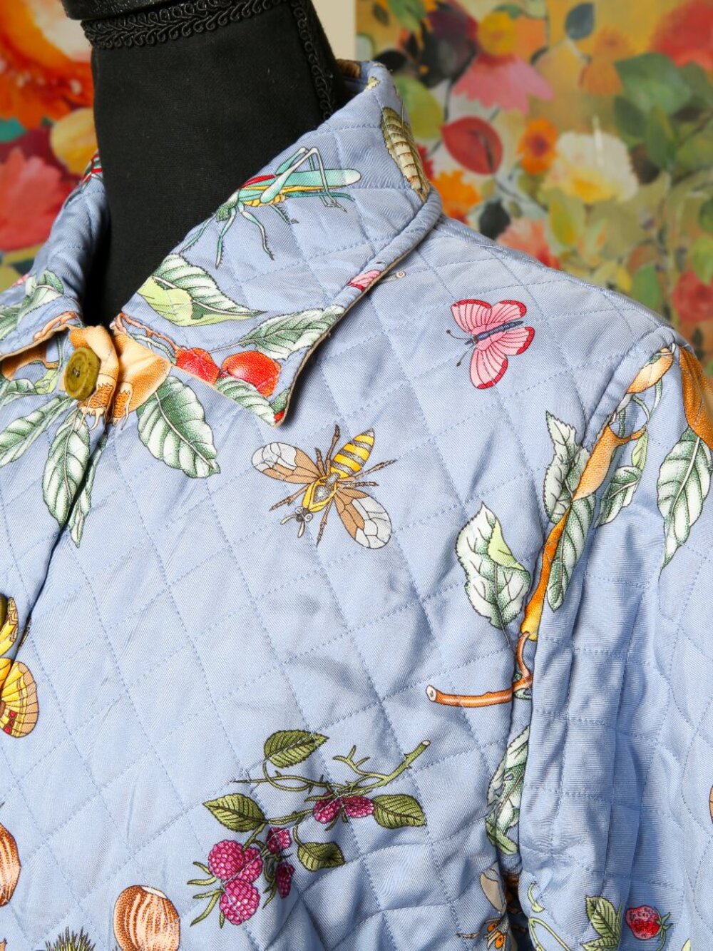 J. MCLAUGHLIN 100% Silk Blue Botanical Quilted Puffer Chore Jacket - Picture 6 of 15